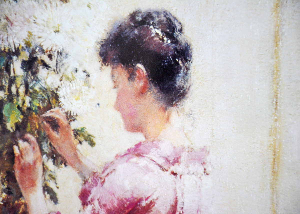 Eugene Joors Offset Lithograph "Woman with Chrysanthemums"