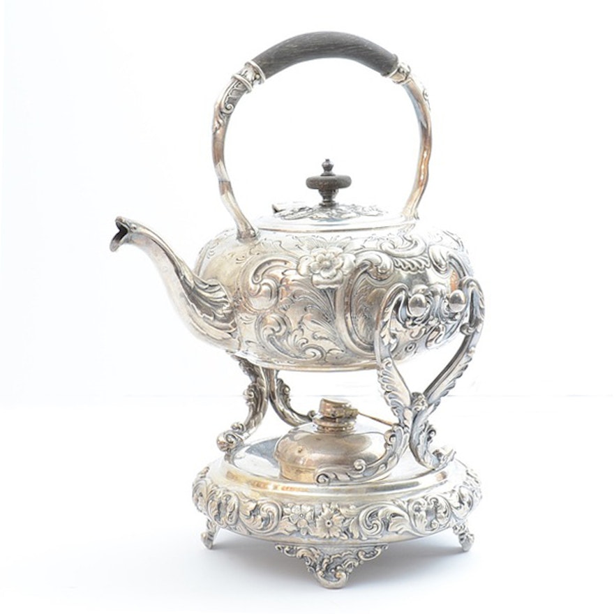 Repousse Silver Plate Tipping Teapot With Stand