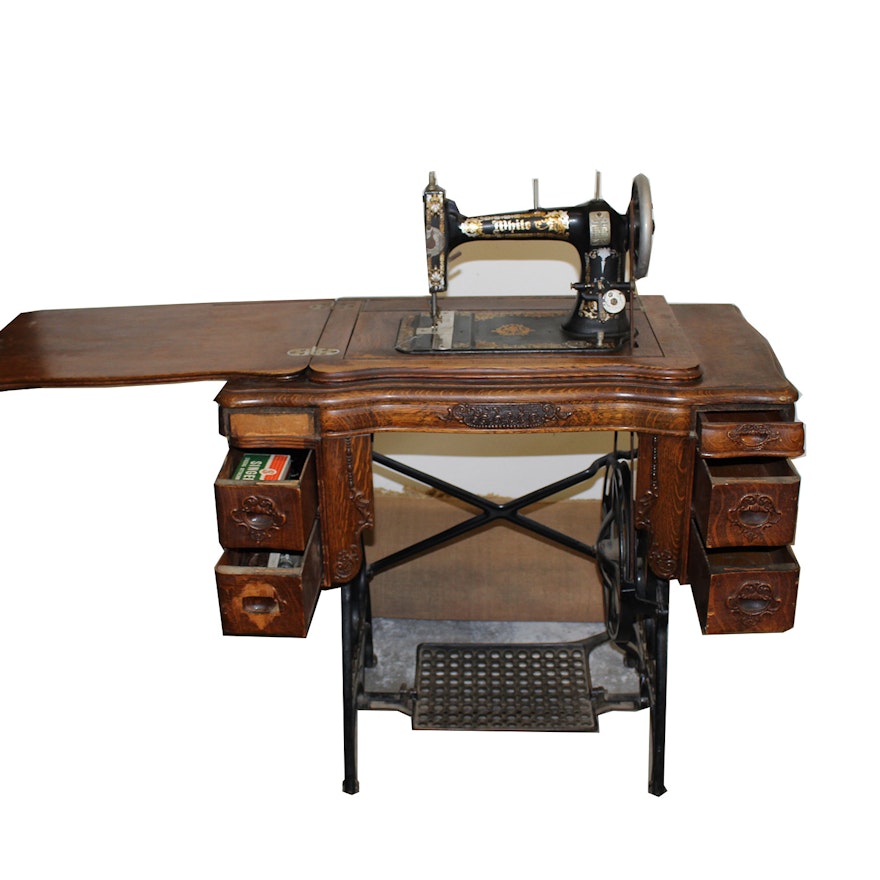 Vintage White Treadle Sewing Machine and Cabinet