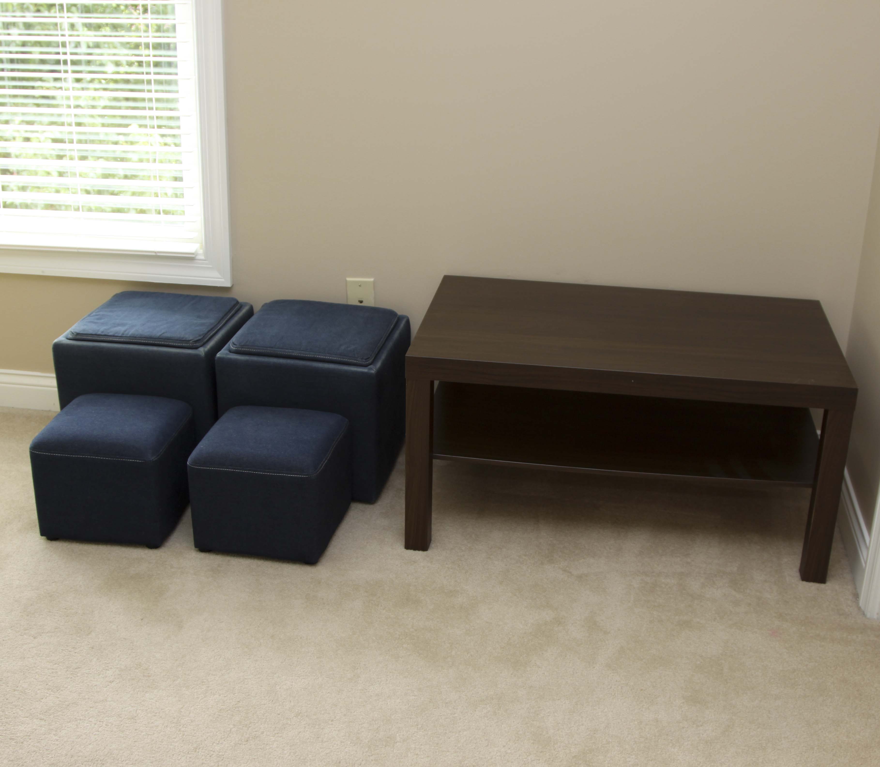 IKEA 'Lack' Coffee Table and Denim Storage Cube Ottomans