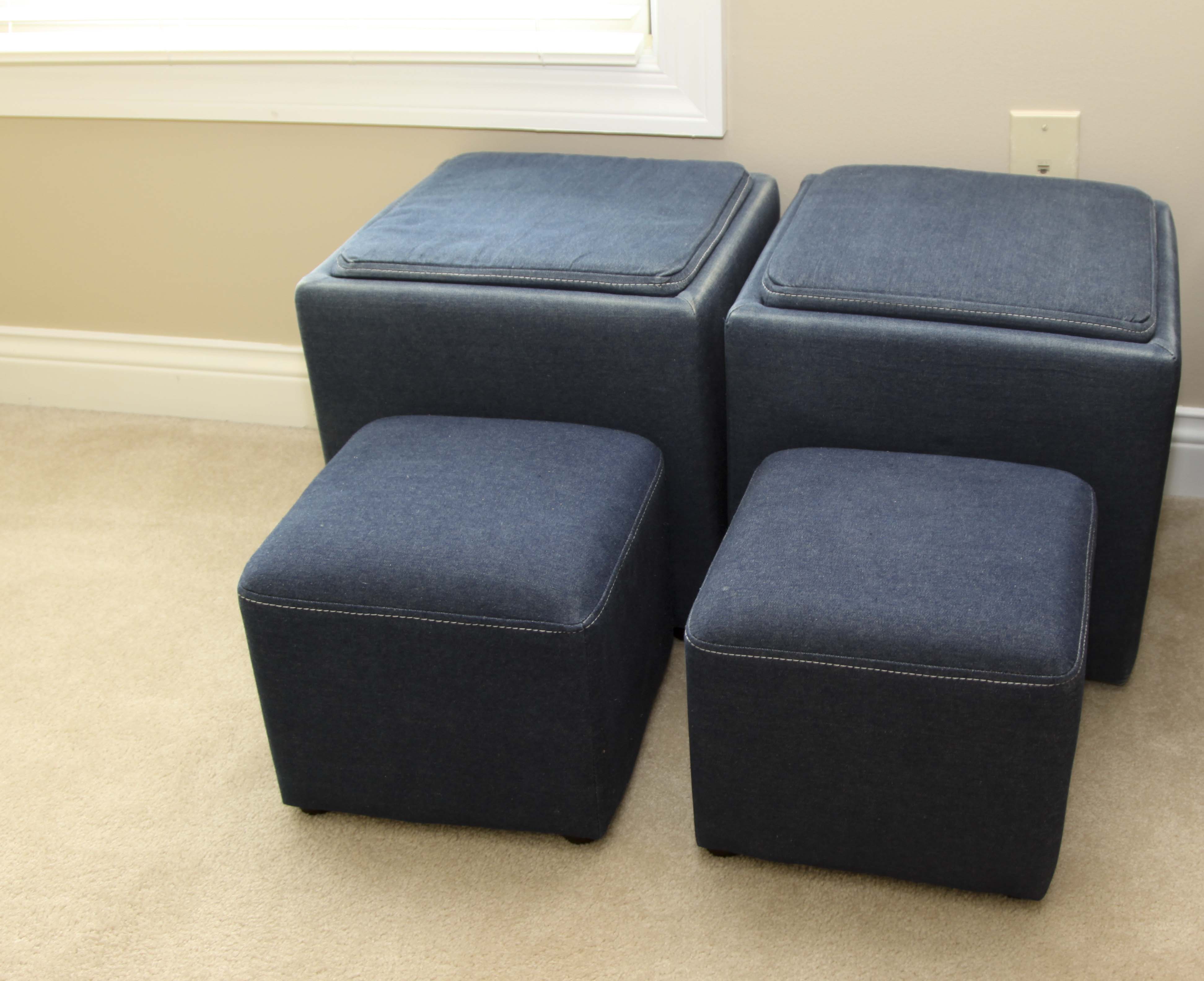 IKEA 'Lack' Coffee Table and Denim Storage Cube Ottomans