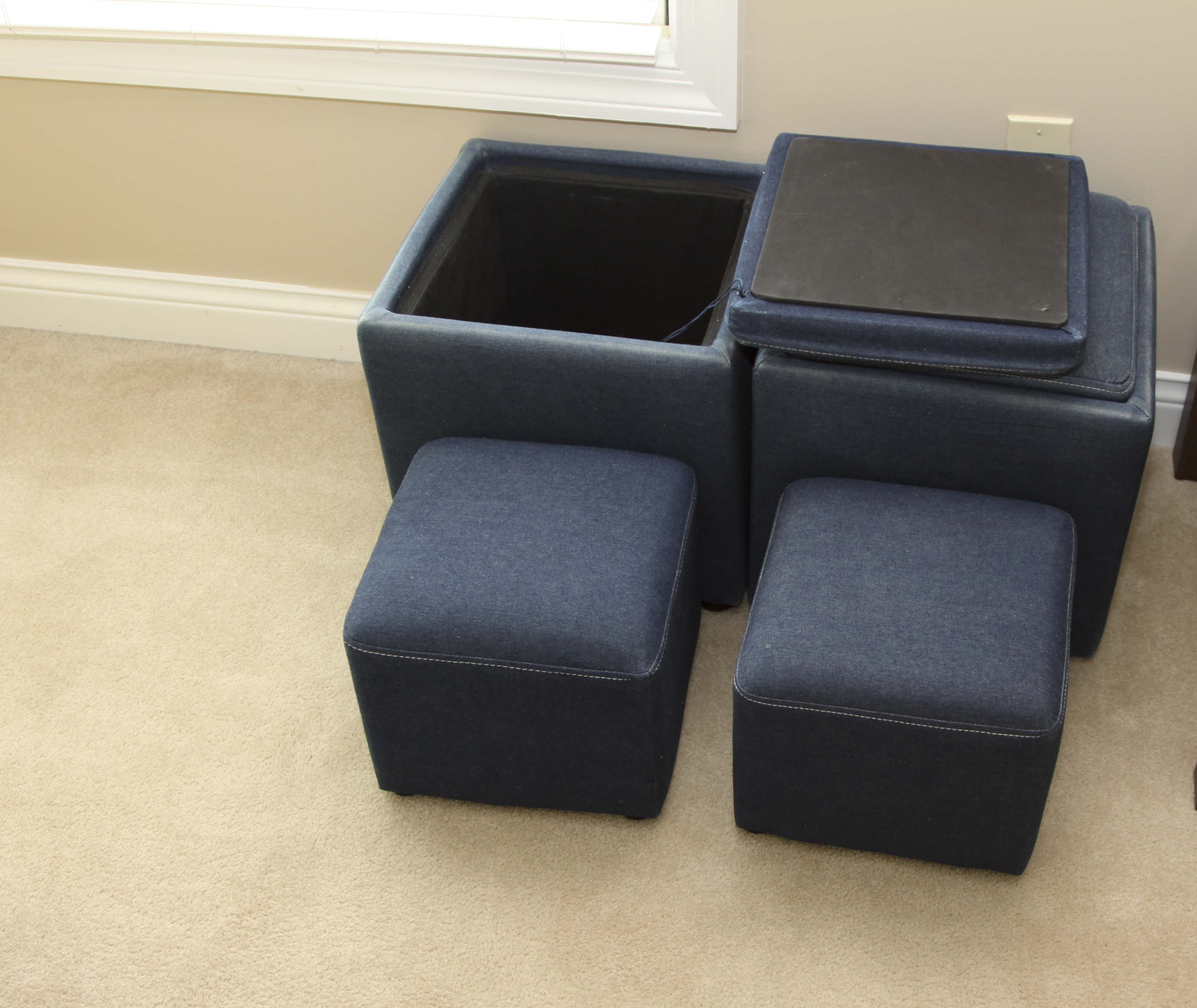 IKEA 'Lack' Coffee Table and Denim Storage Cube Ottomans