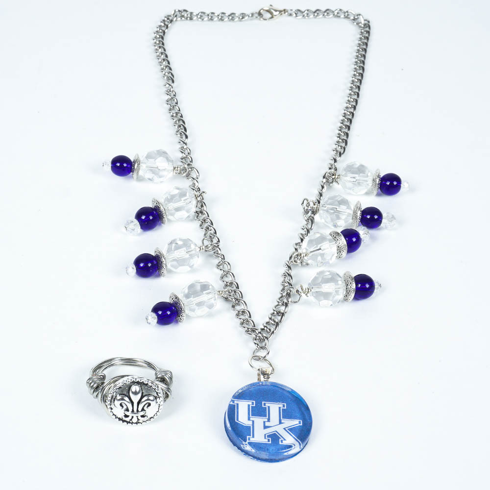 Faceted Glass U.K. Pendant Necklace and Fleur de Lis Tibetan Coin Ring