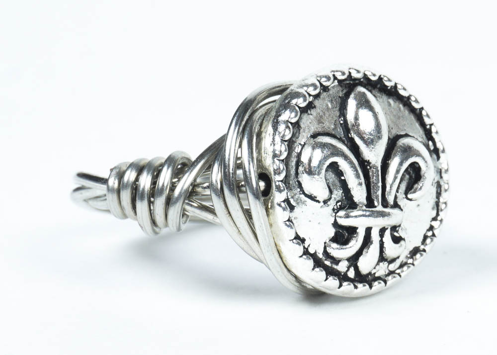 Faceted Glass U.K. Pendant Necklace and Fleur de Lis Tibetan Coin Ring