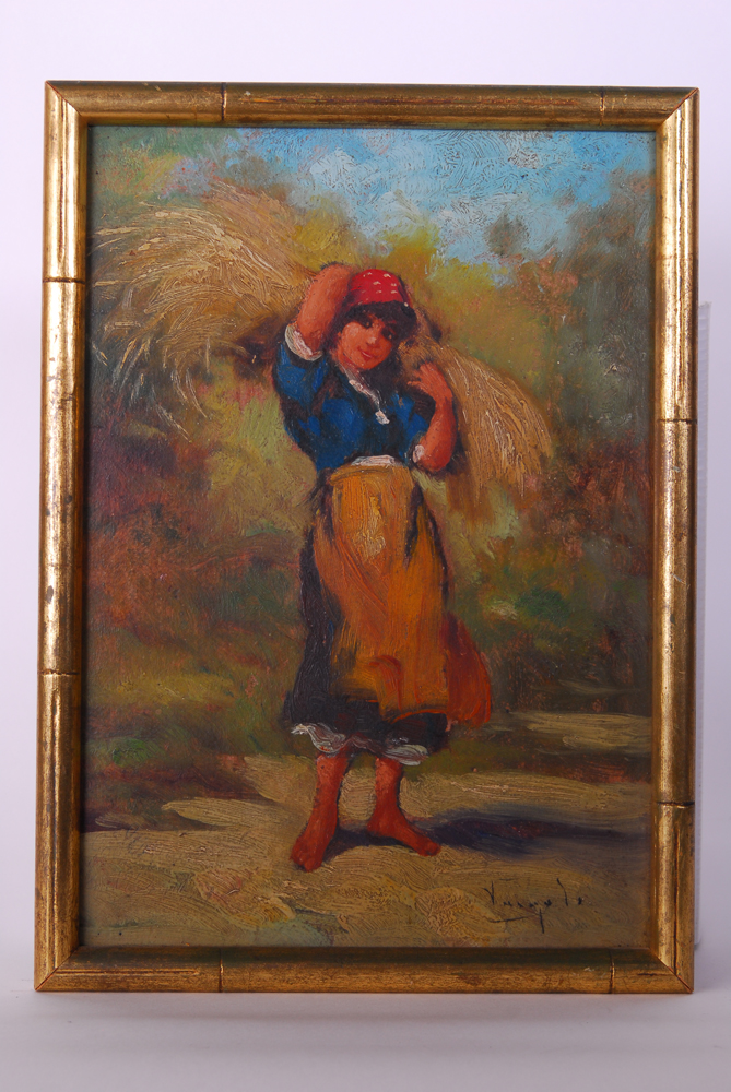 Girl Posing With Bale of Straw Antique Oil On Board