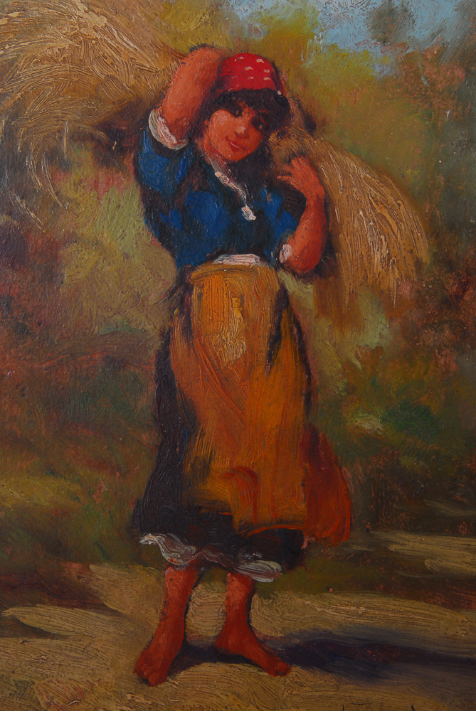Girl Posing With Bale of Straw Antique Oil On Board