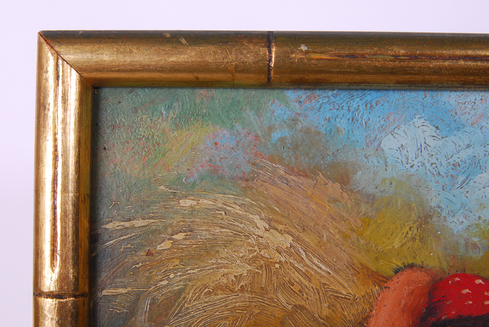 Girl Posing With Bale of Straw Antique Oil On Board