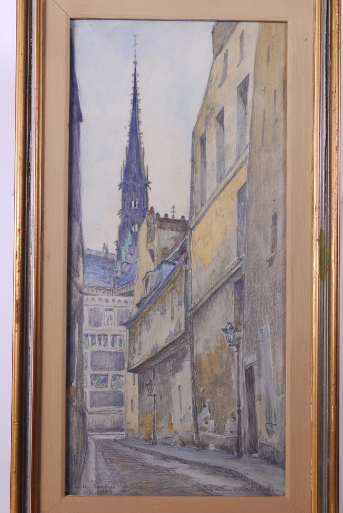 Parisian Street Scene Watercolor and Pencil Drawing