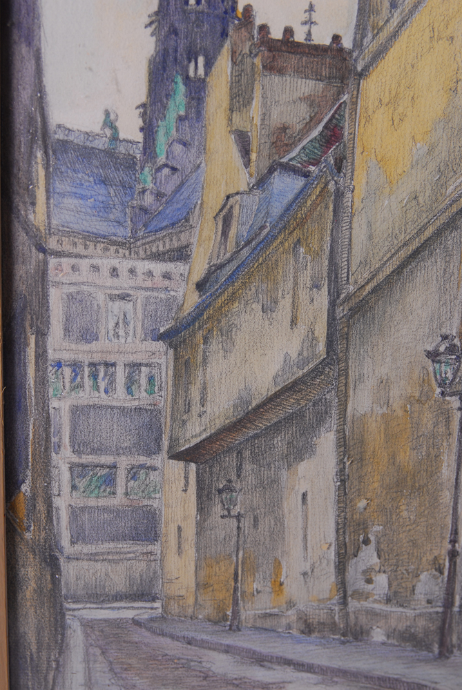 Parisian Street Scene Watercolor and Pencil Drawing