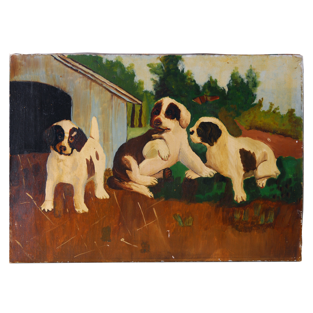 C. R. Wells Oil on Canvas Painting of Puppies