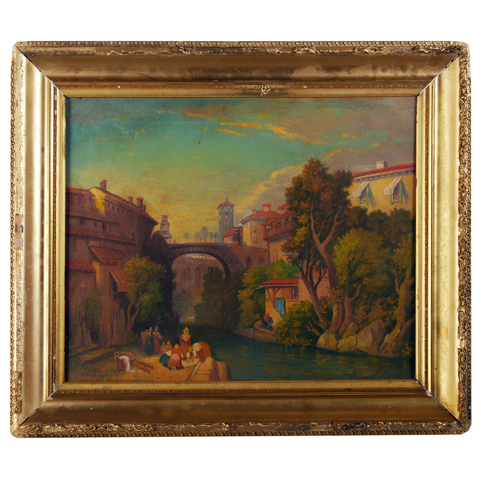 Martine Reo "Laundry on the Bank Near Bridge" Oil on Canvas Painting