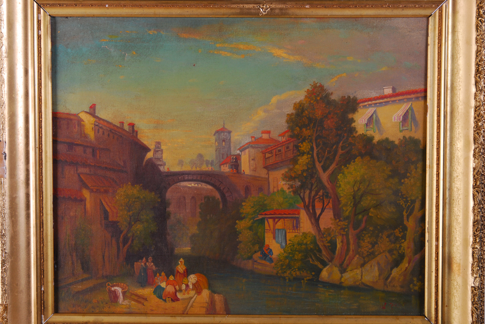 Martine Reo "Laundry on the Bank Near Bridge" Oil on Canvas Painting