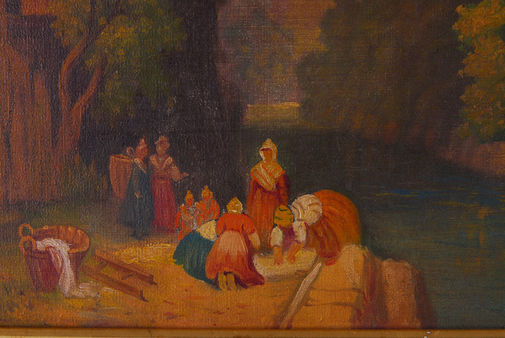 Martine Reo "Laundry on the Bank Near Bridge" Oil on Canvas Painting