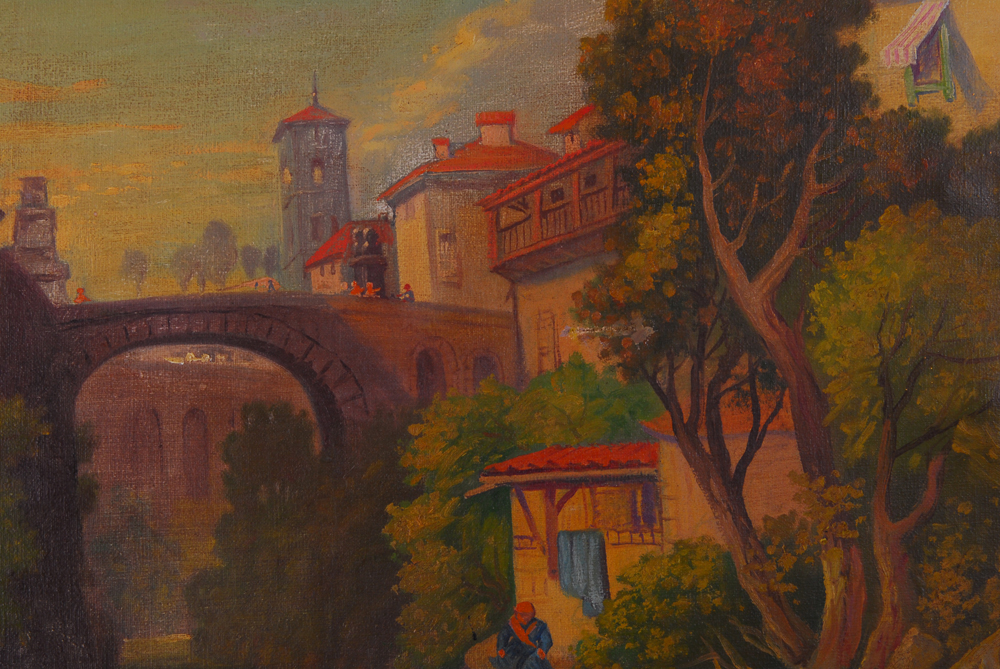 Martine Reo "Laundry on the Bank Near Bridge" Oil on Canvas Painting