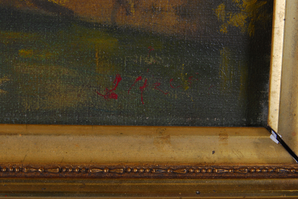 Martine Reo "Laundry on the Bank Near Bridge" Oil on Canvas Painting