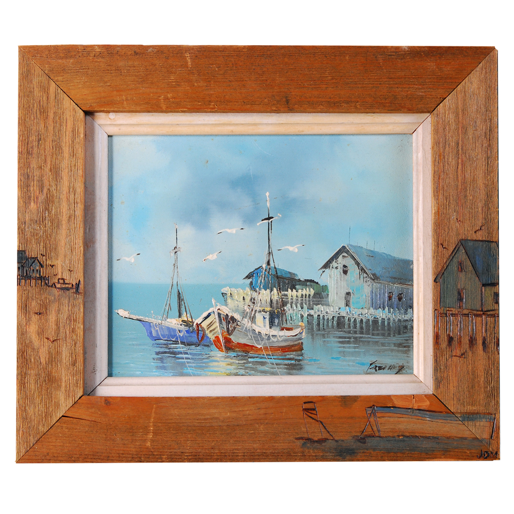 Harbor Scene Oil on Canvas with Hand Carved Frame