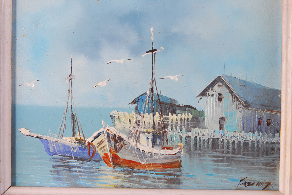 Harbor Scene Oil on Canvas with Hand Carved Frame