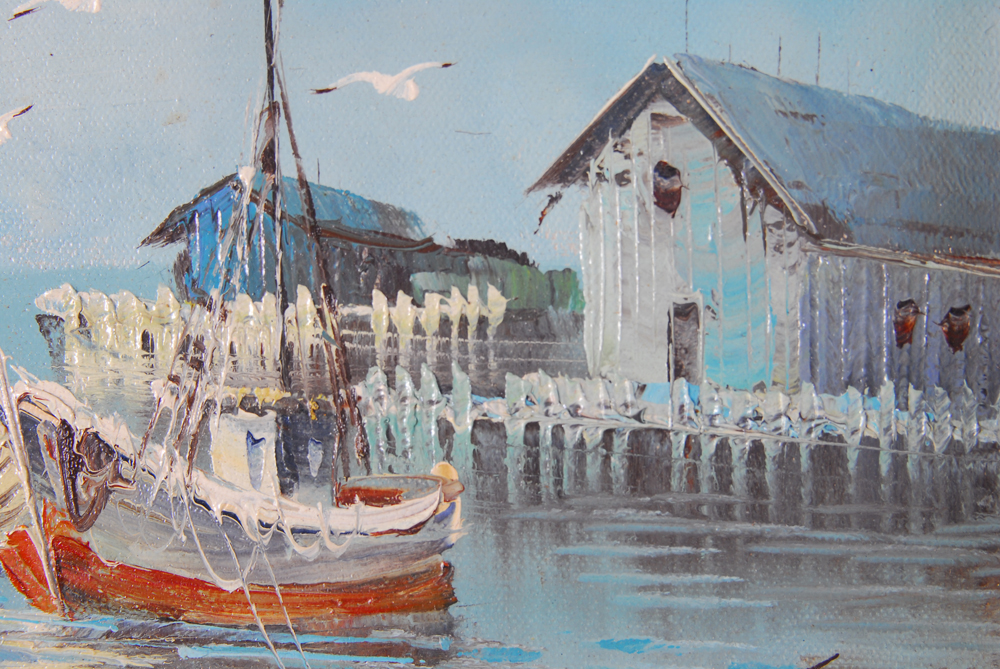 Harbor Scene Oil on Canvas with Hand Carved Frame