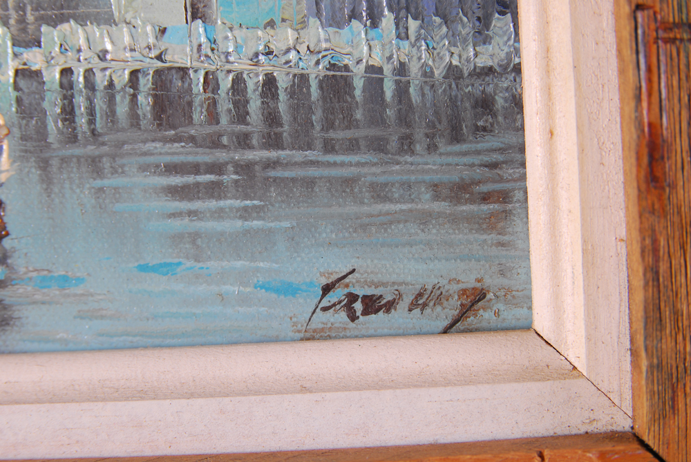 Harbor Scene Oil on Canvas with Hand Carved Frame