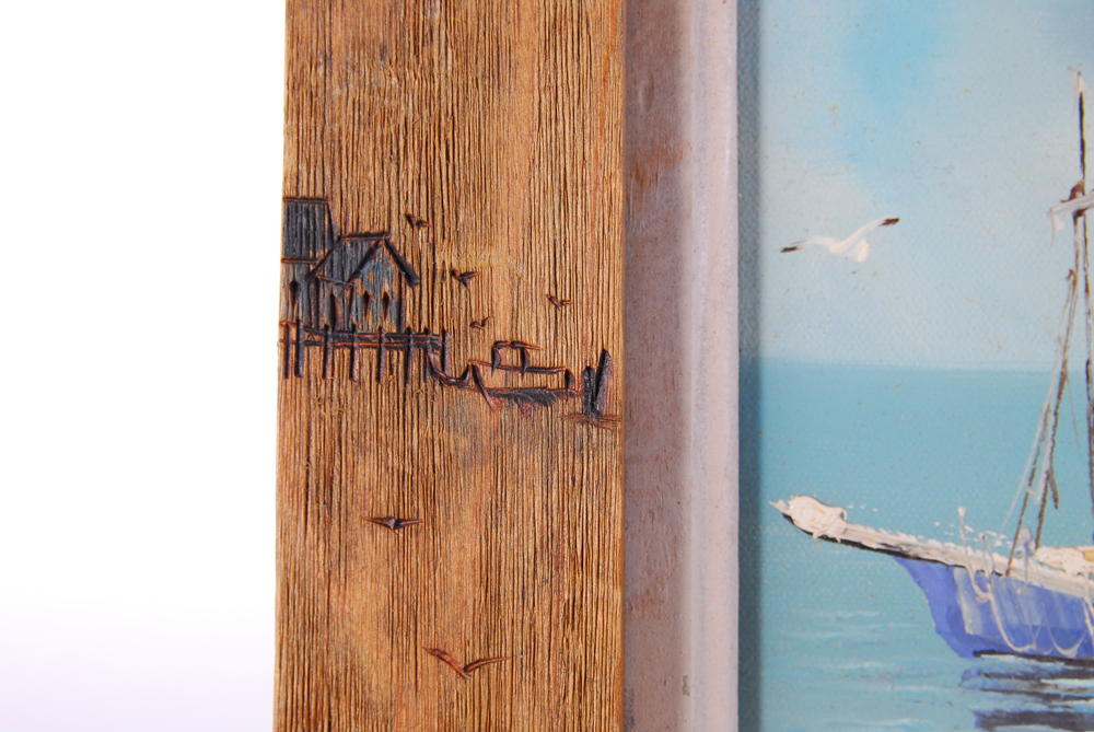 Harbor Scene Oil on Canvas with Hand Carved Frame