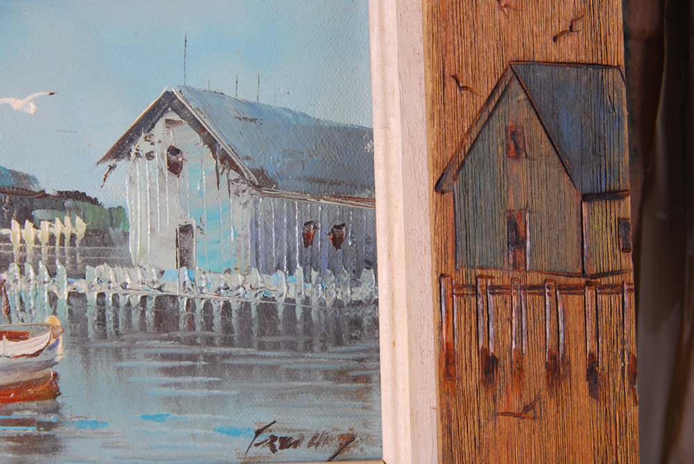 Harbor Scene Oil on Canvas with Hand Carved Frame