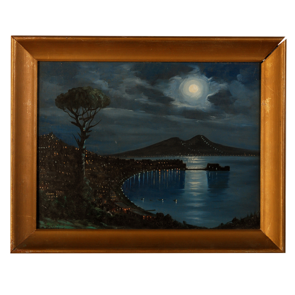 R. Polini Nightime Seascape Oil on Canvas Painting