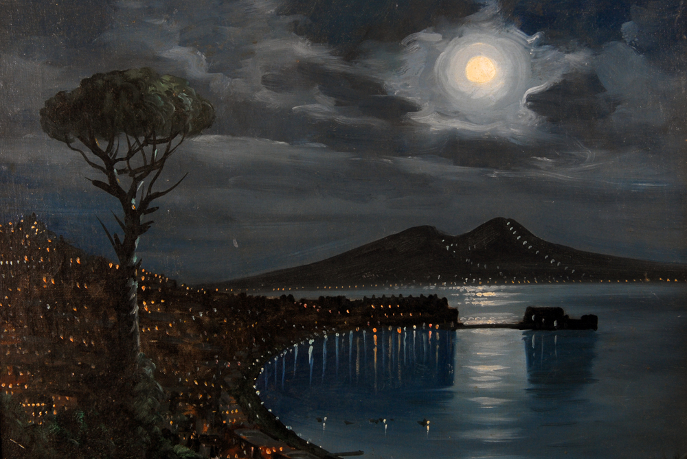 R. Polini Nightime Seascape Oil on Canvas Painting