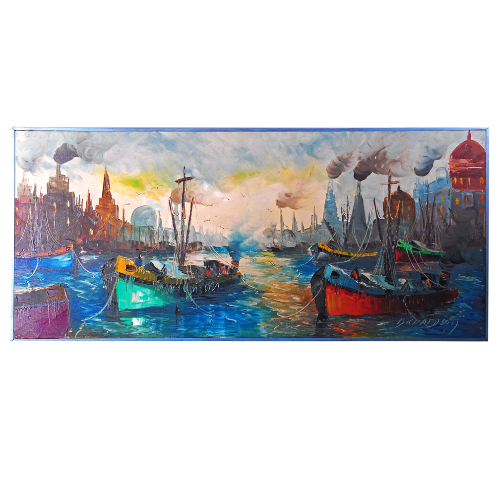 Catherine Priestly Richardson "Ship in Industrial Sea Port" Oil on Canvas Painting