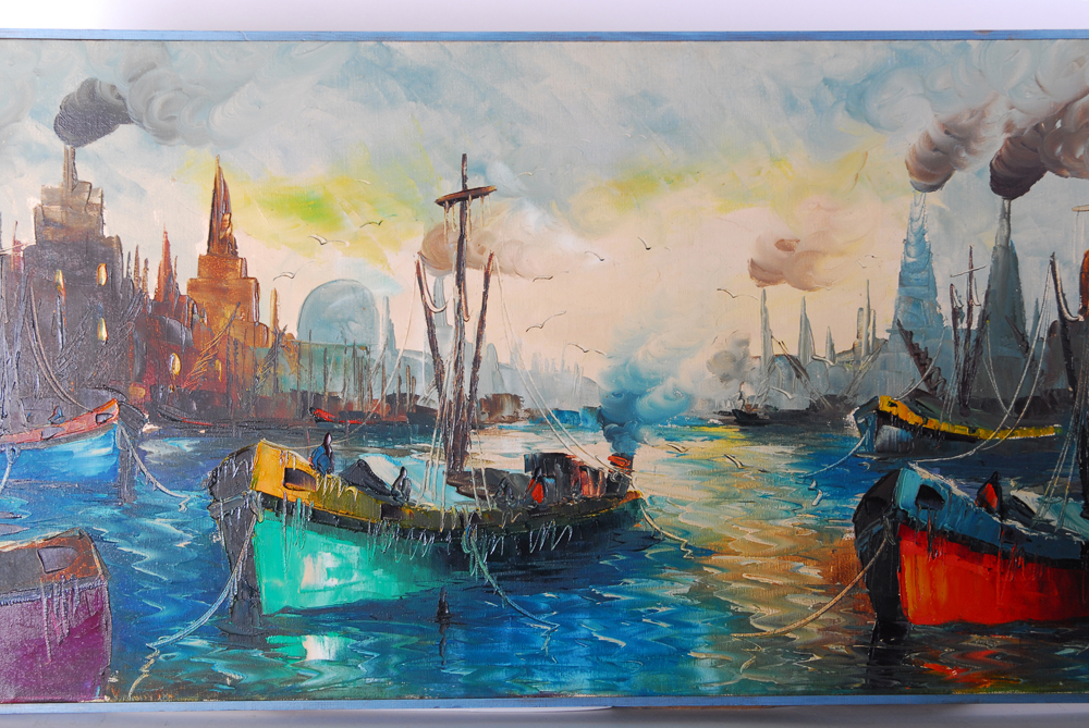 Catherine Priestly Richardson "Ship in Industrial Sea Port" Oil on Canvas Painting