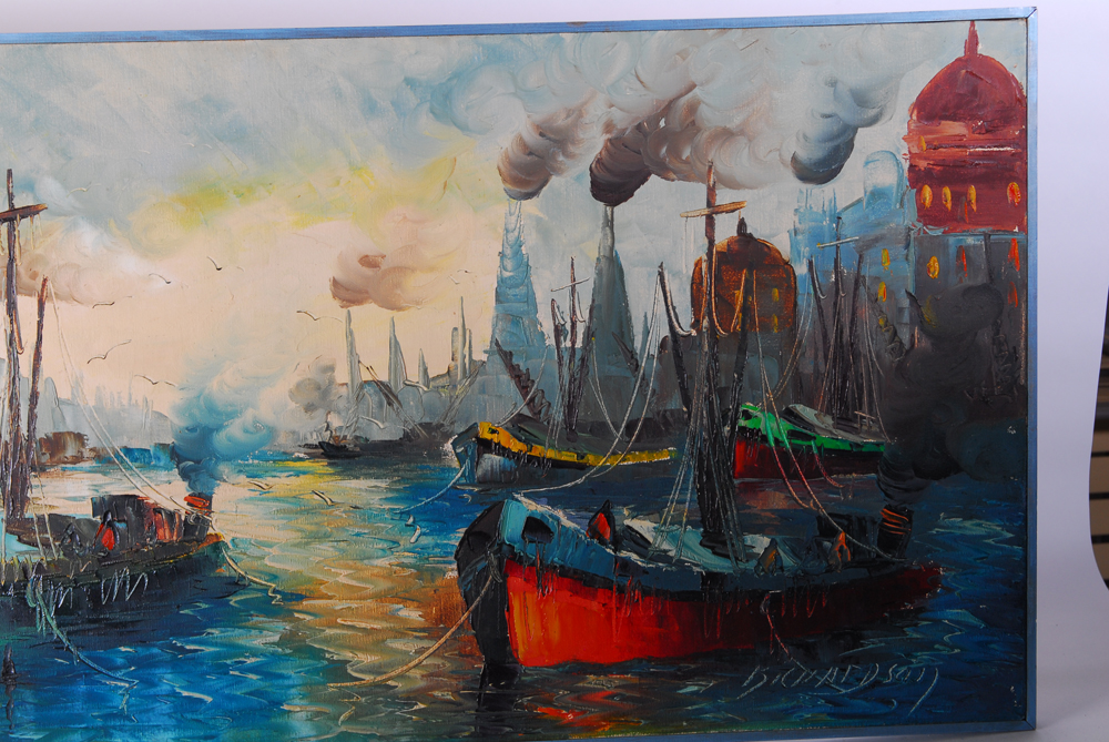 Catherine Priestly Richardson "Ship in Industrial Sea Port" Oil on Canvas Painting