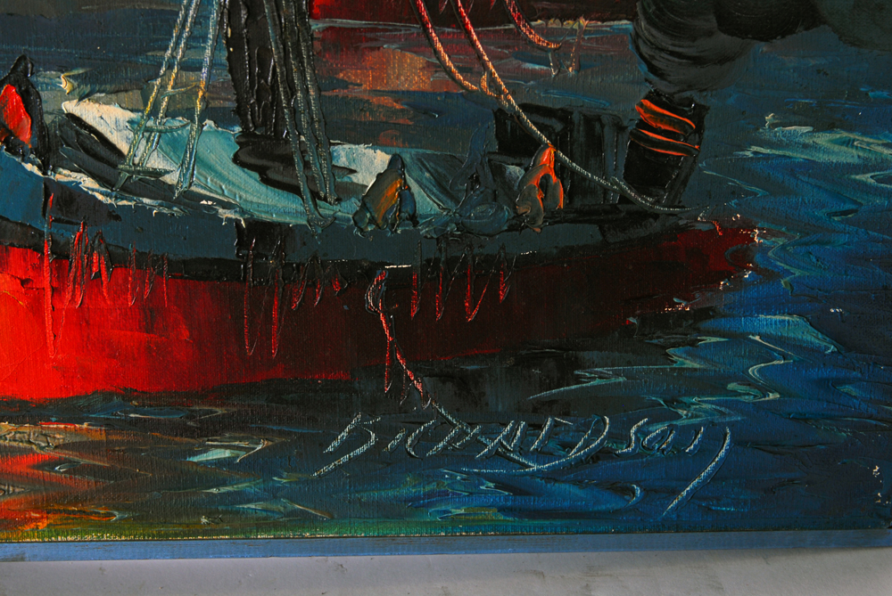 Catherine Priestly Richardson "Ship in Industrial Sea Port" Oil on Canvas Painting