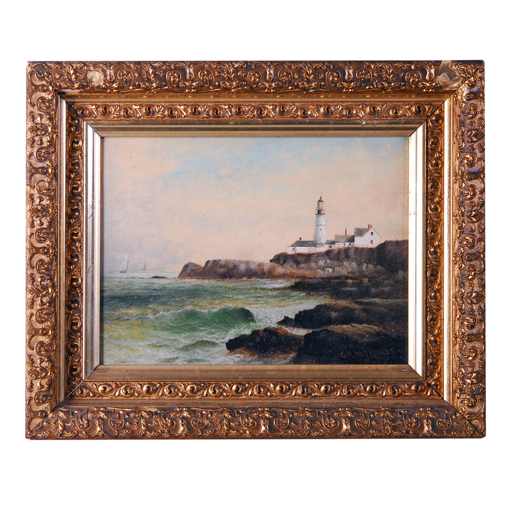 George M. Hathaway Lighthouse Landscape Oil on Board Painting