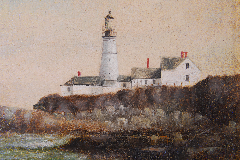 George M. Hathaway Lighthouse Landscape Oil on Board Painting