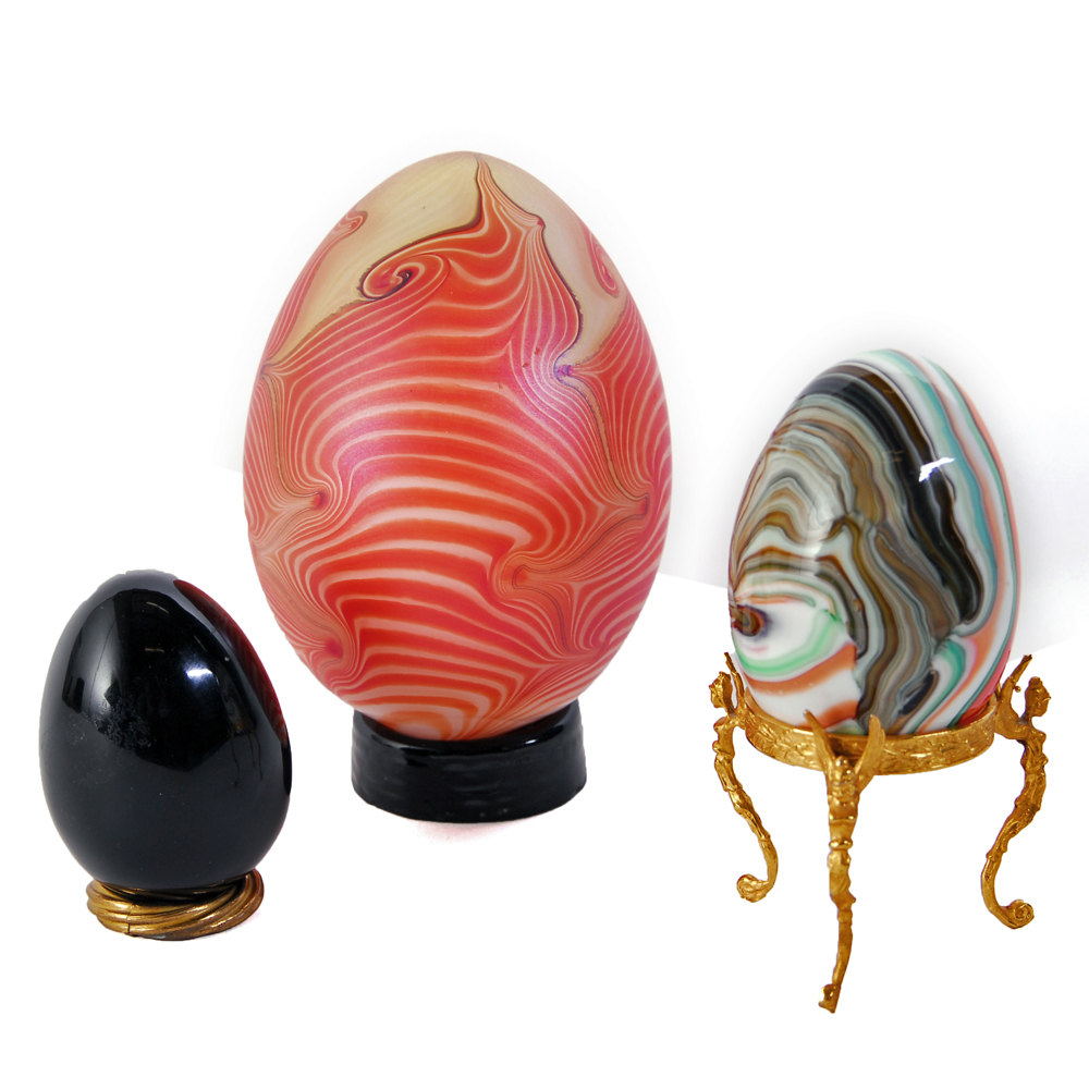 Collection of Art Glass Eggs with Stands