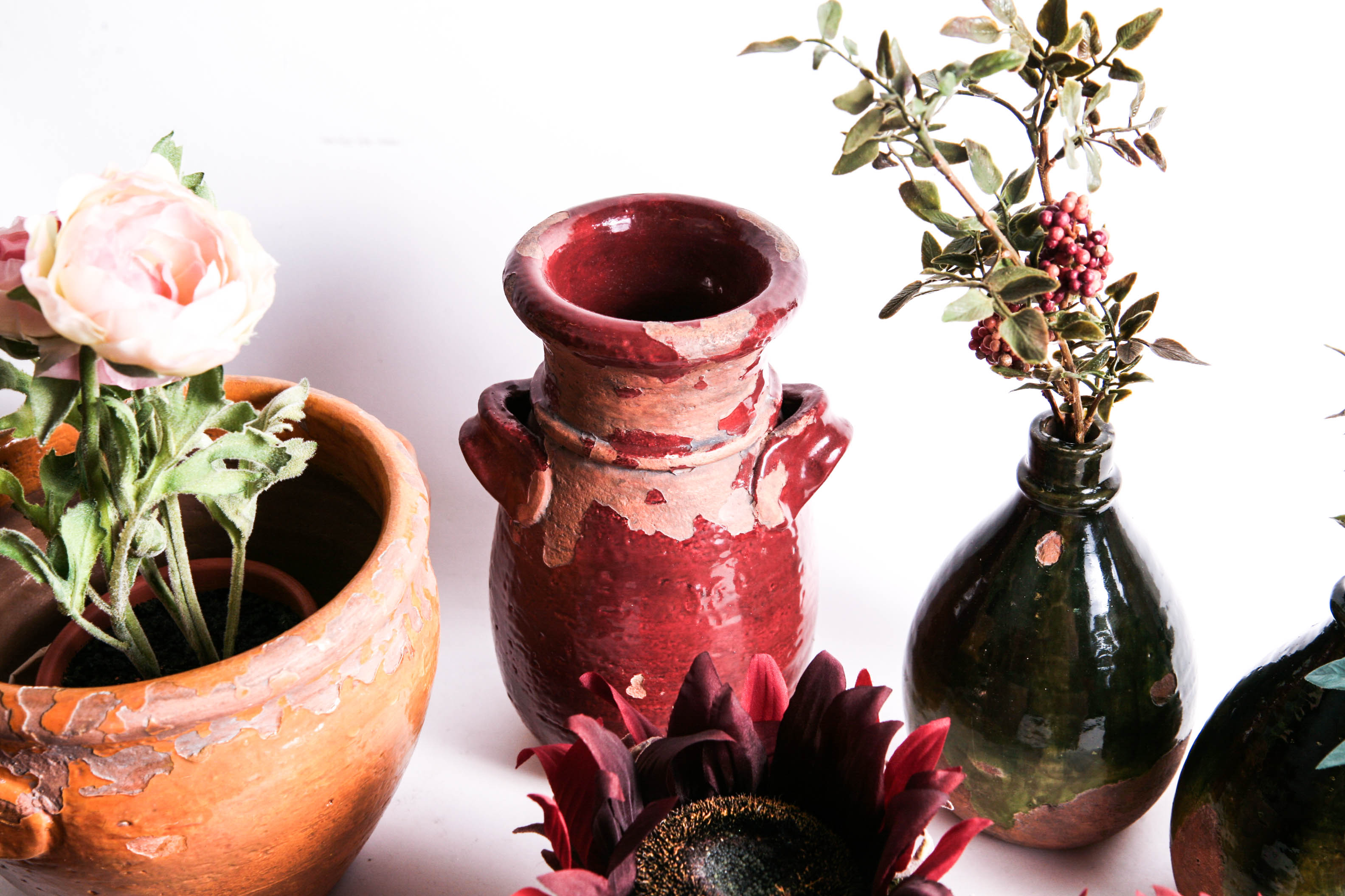Group of Vintage Looking Vases and Faux Plants