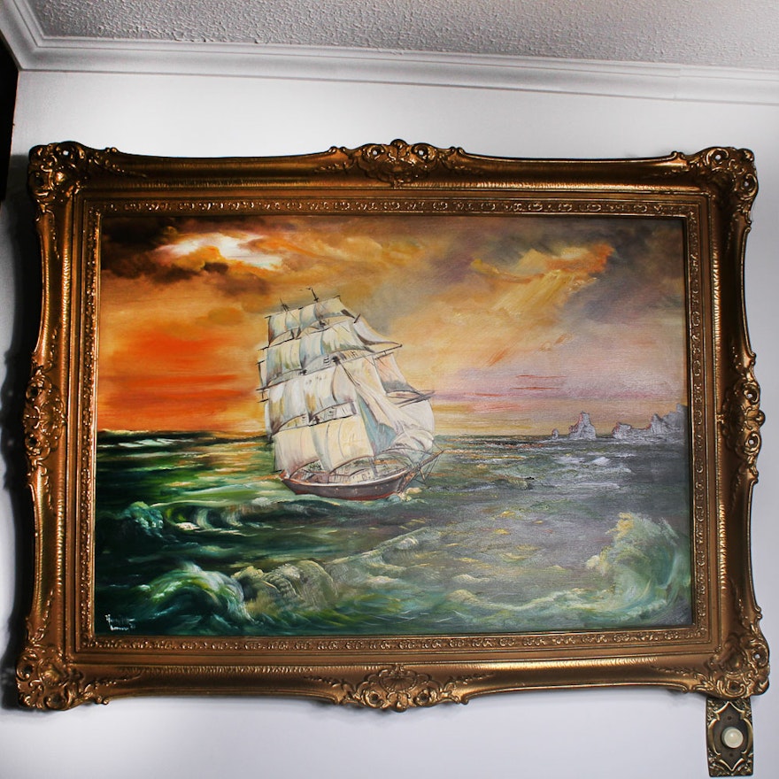 Harry Hoffman Signed Oil Painting of a Three Masted Ship