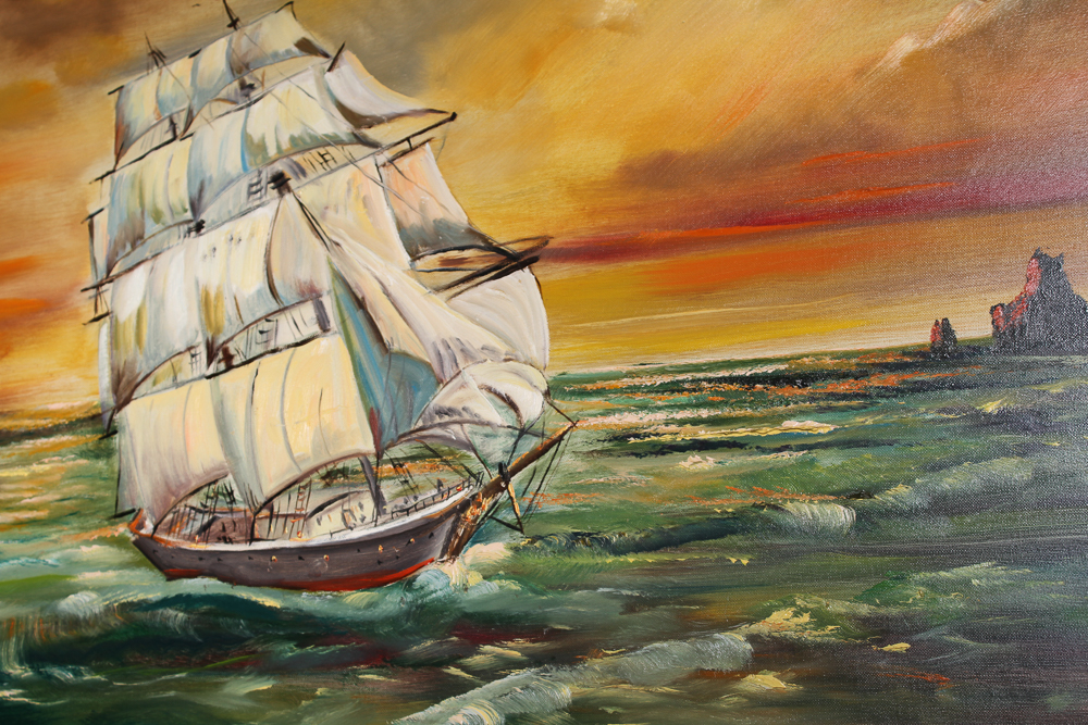 Harry Hoffman Signed Oil Painting of a Three Masted Ship