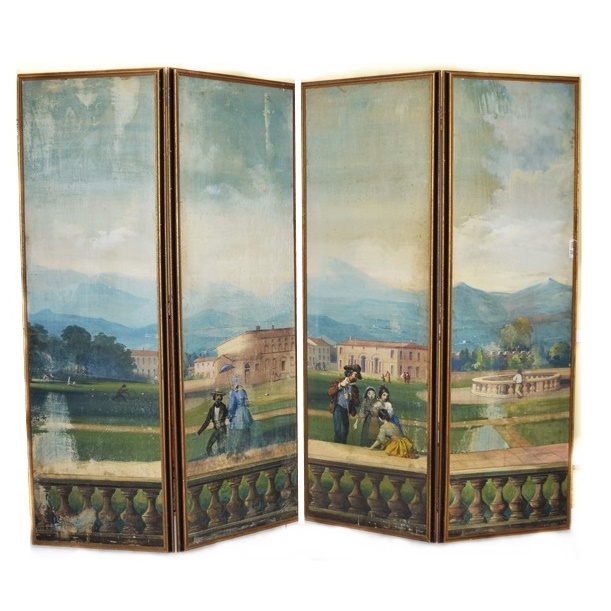 20th Century Four Panel Hand Painted Canvas Screen