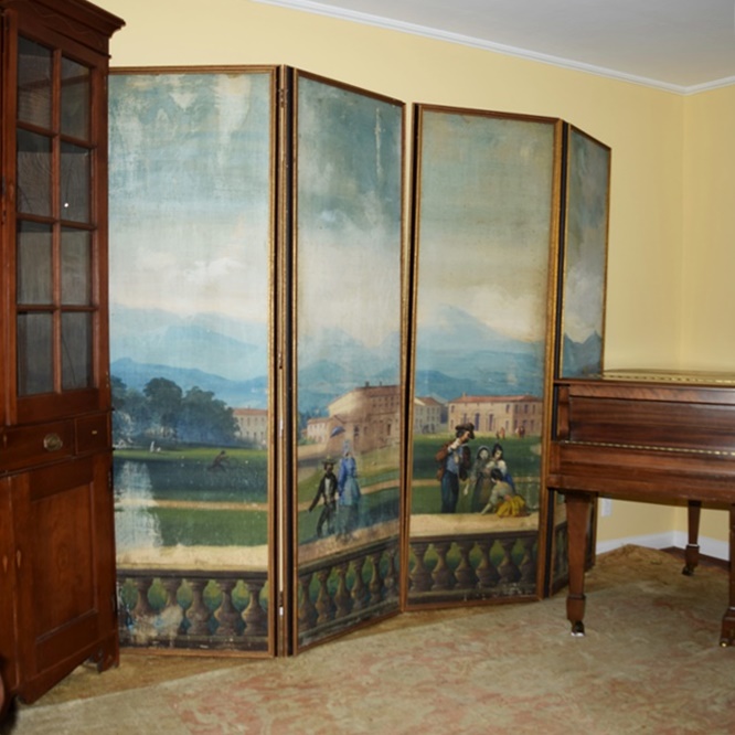 20th Century Four Panel Hand Painted Canvas Screen