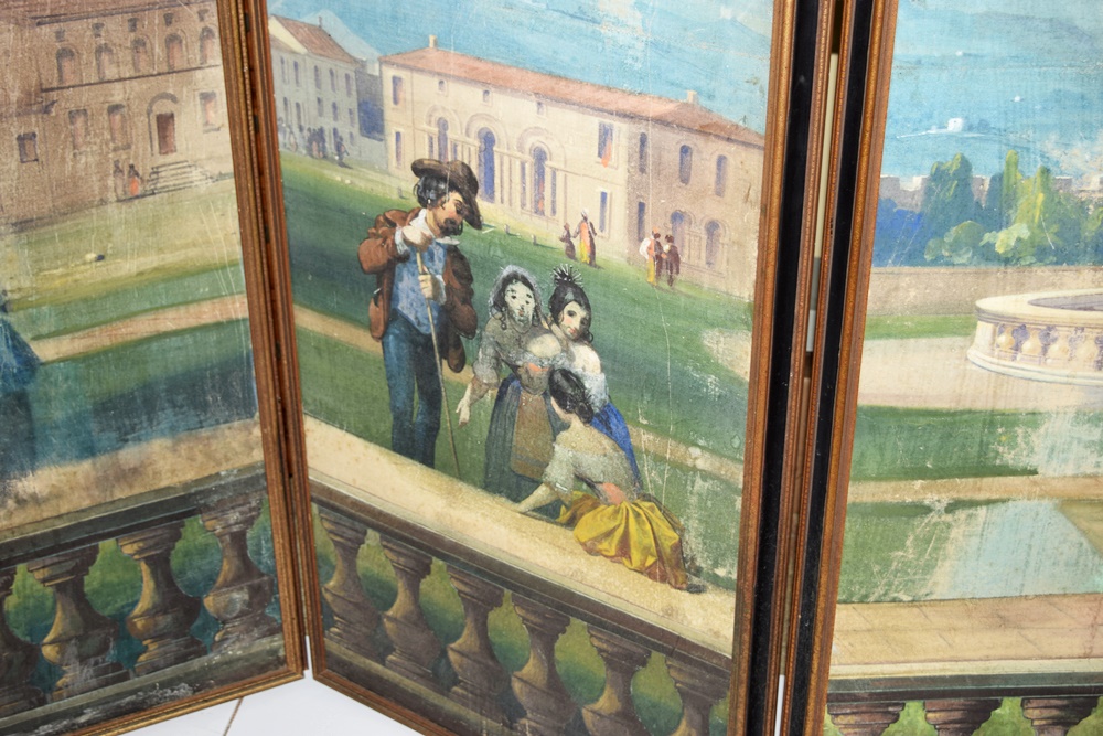 20th Century Four Panel Hand Painted Canvas Screen