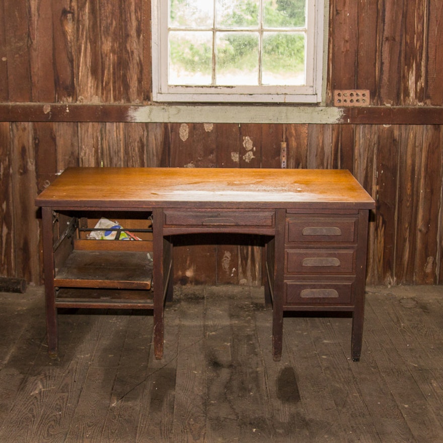 Antique Oak Pedestal Desk with Typewriter Stand
