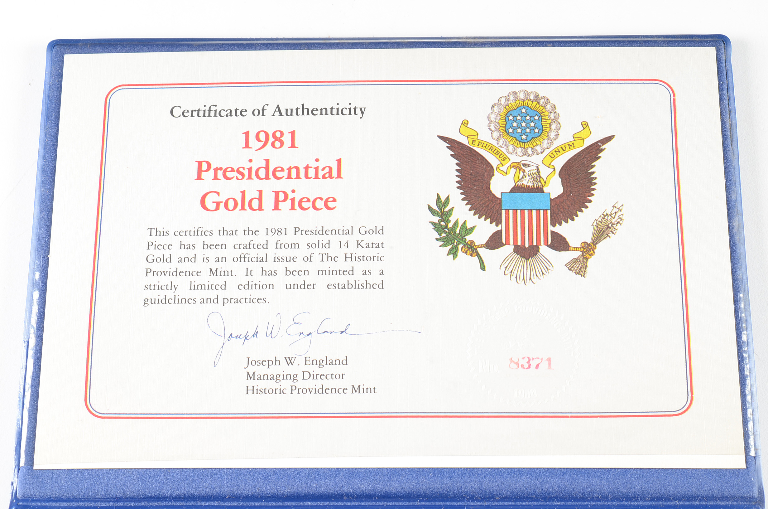 1981 Presidential Gold Piece commemorating Ronald Reagan's Inauguration day