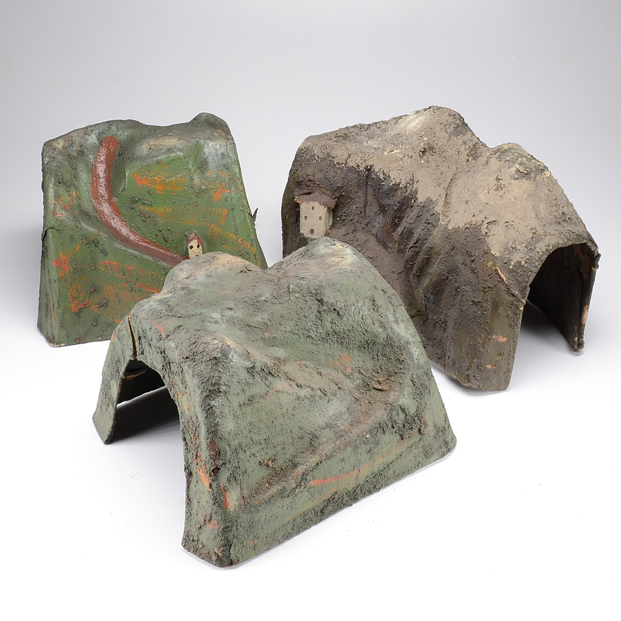 Trio of Antique Paper Mache Lionel Model Train Layout Tunnels