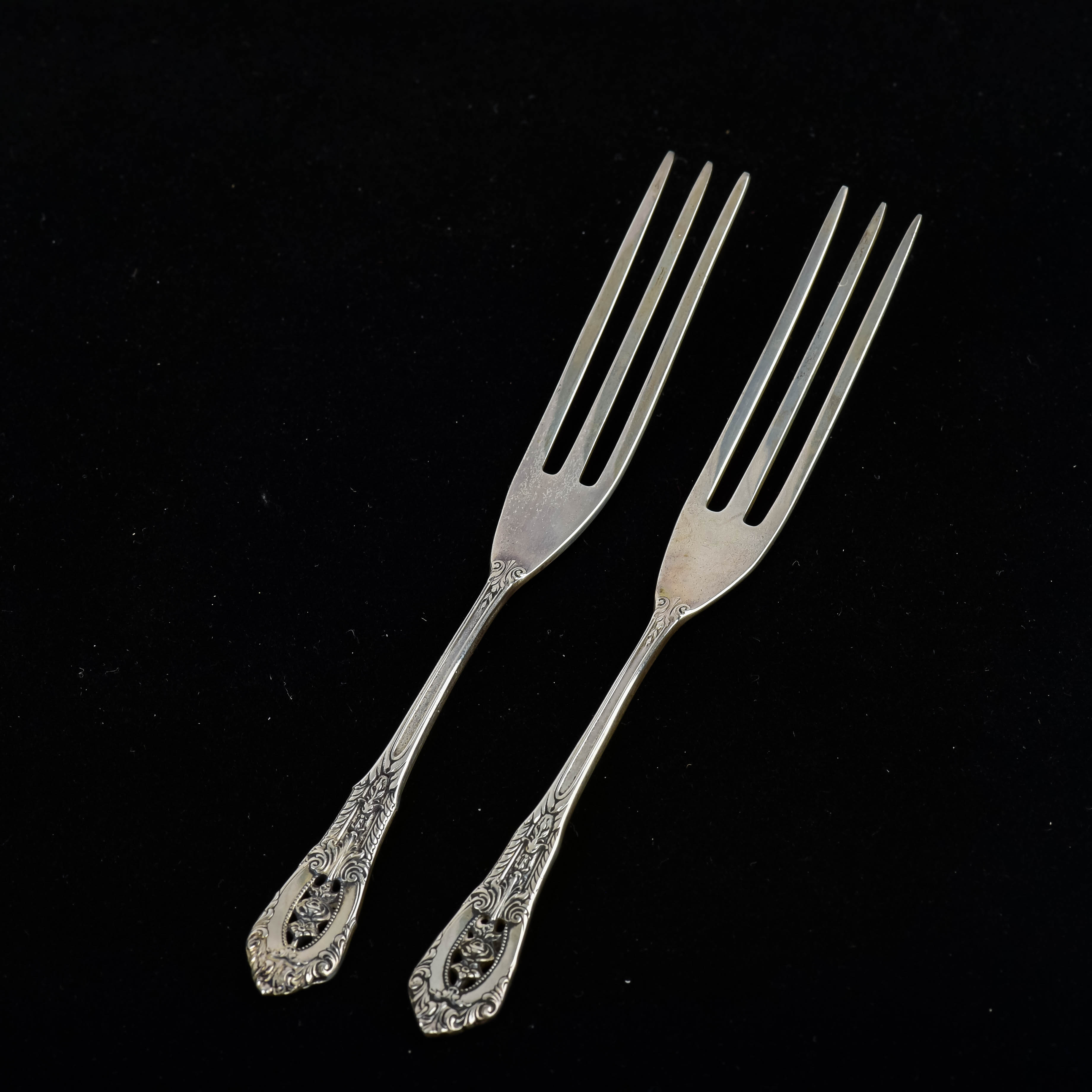 Pair of Wallace Sterling Silver "Rose Point" Strawberry Forks