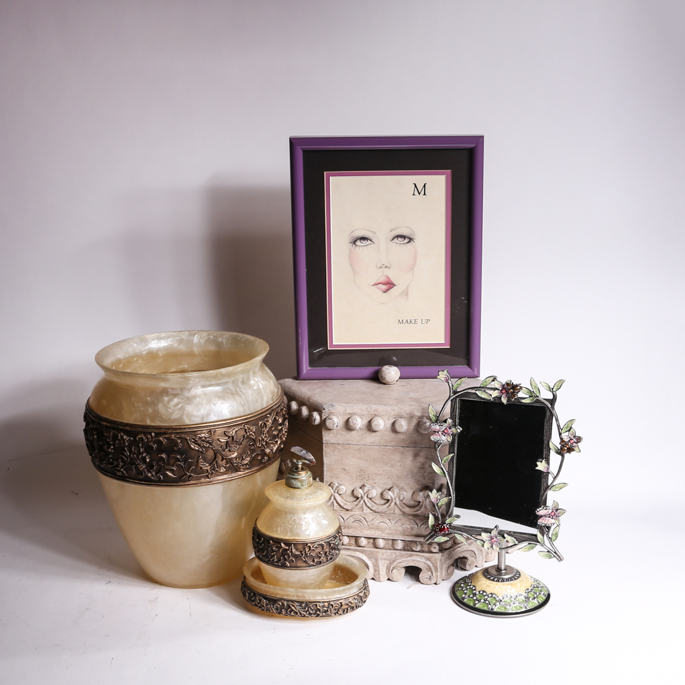 Collection of Decorative Items and Bathroom Accessories