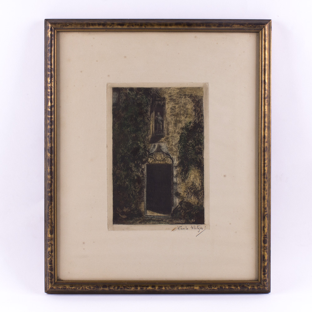 Colored Etching of Door With a Knight Statue