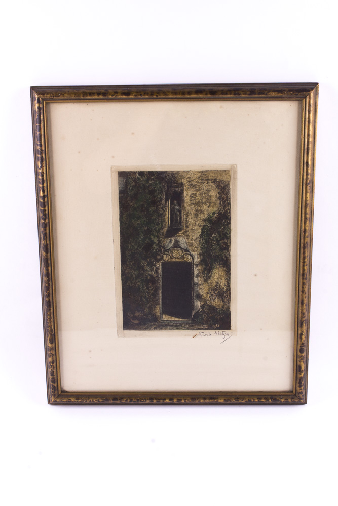 Colored Etching of Door With a Knight Statue