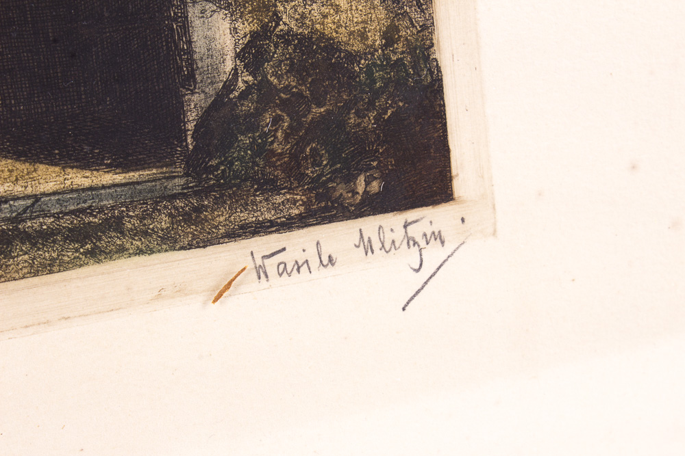 Colored Etching of Door With a Knight Statue