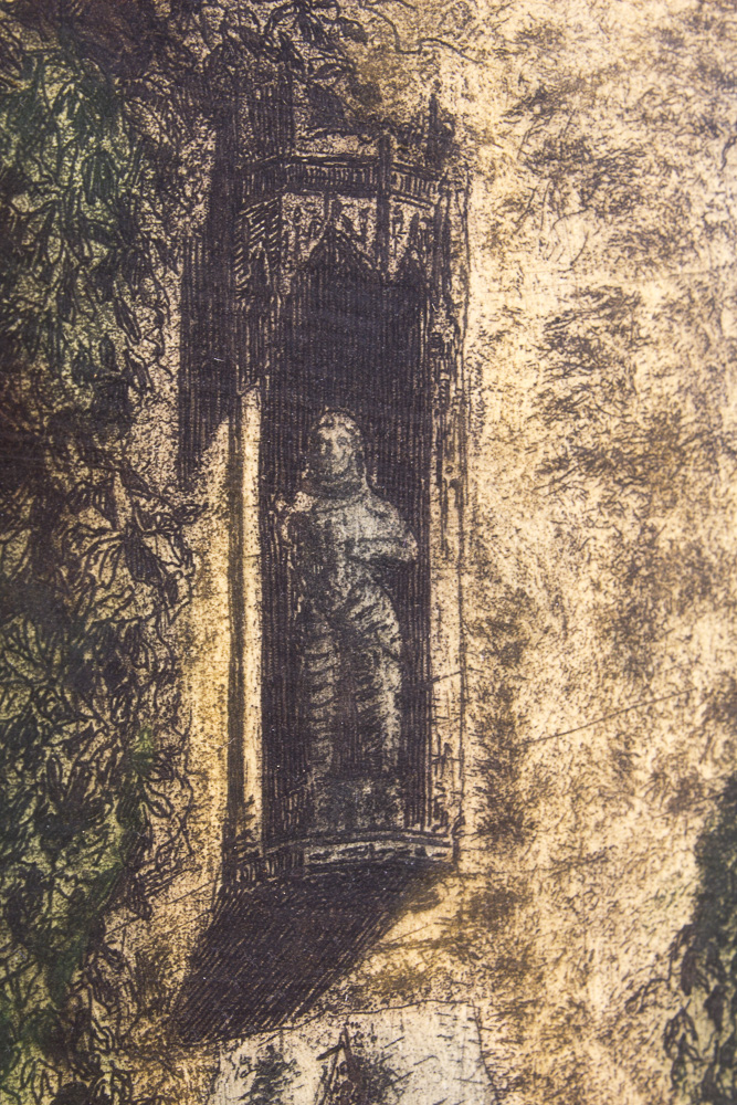 Colored Etching of Door With a Knight Statue