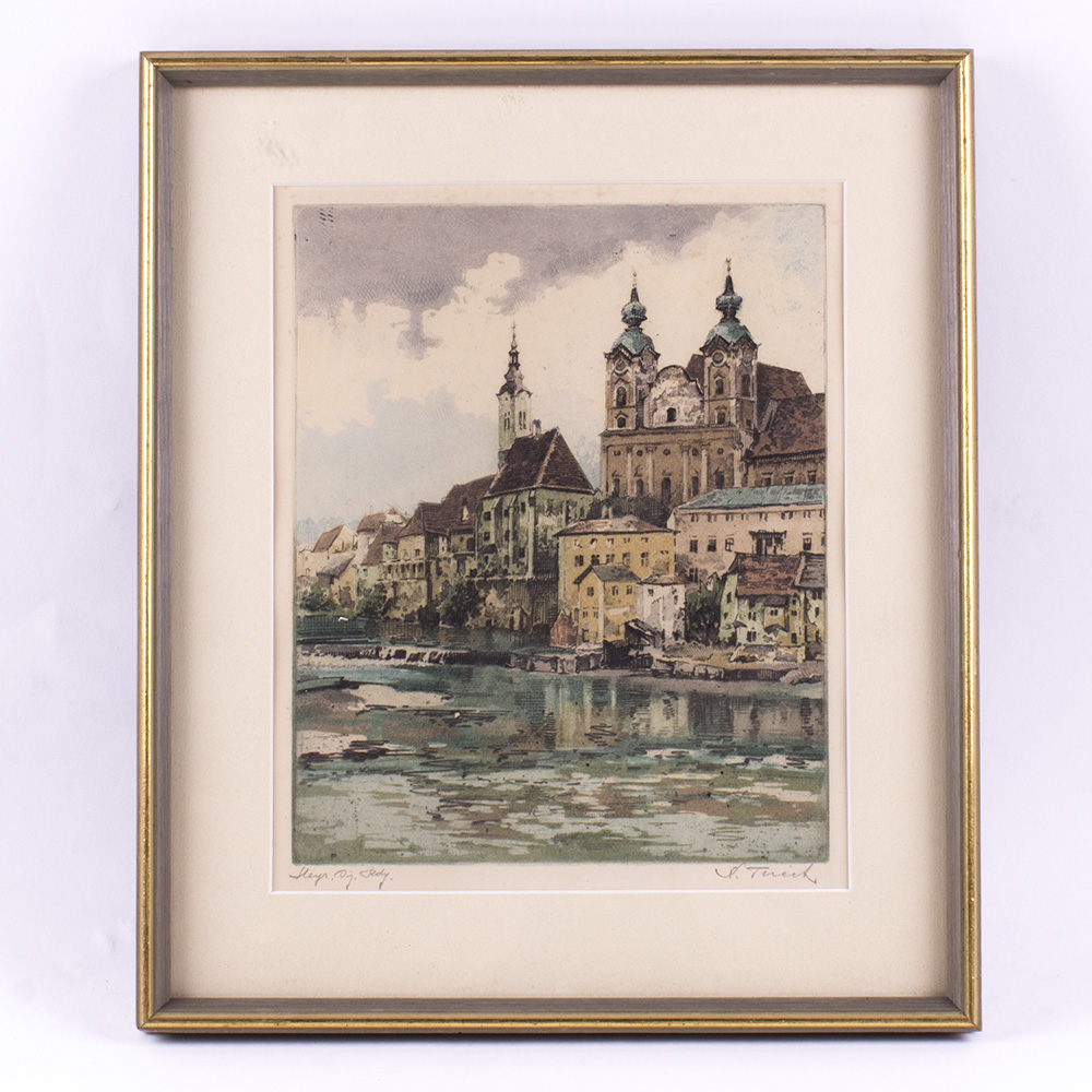 Signed Colored Etching of Buildings